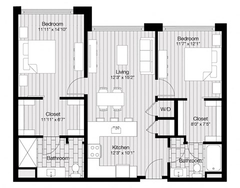 Floor plan for 2 beds, 2 baths, 1067 sqft